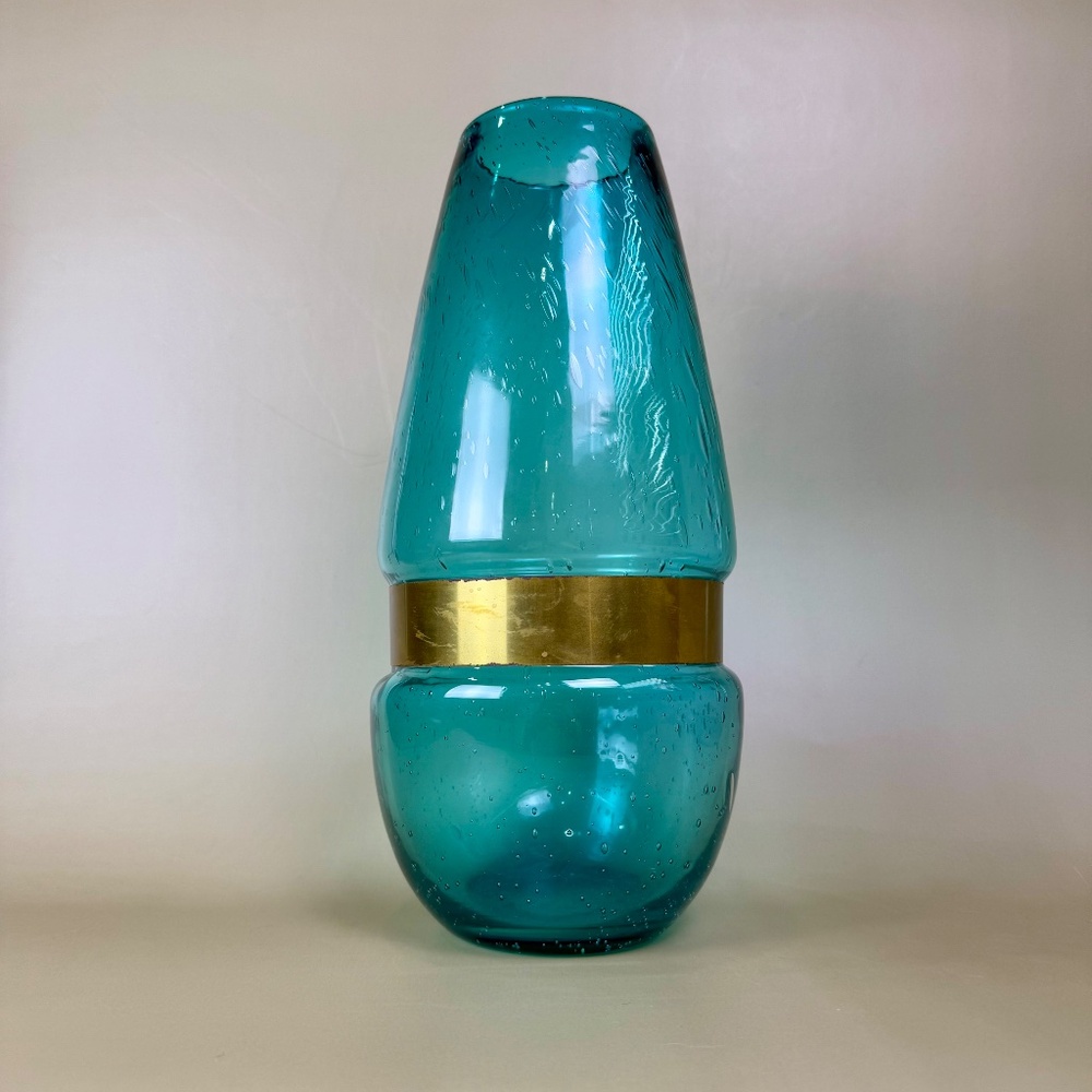 Dara International -- Italian Handblown Blue Glass Vase w/ Brass Band -- 13" - Picture 1 of 15